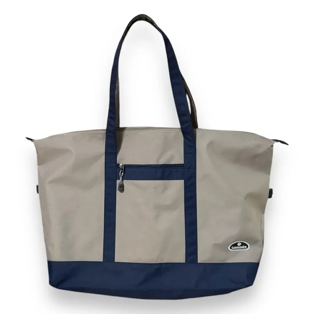 Samsonite Shoulder Bag Tan Blue Zip Closure Travel Pool Gym 16 in x 23 in